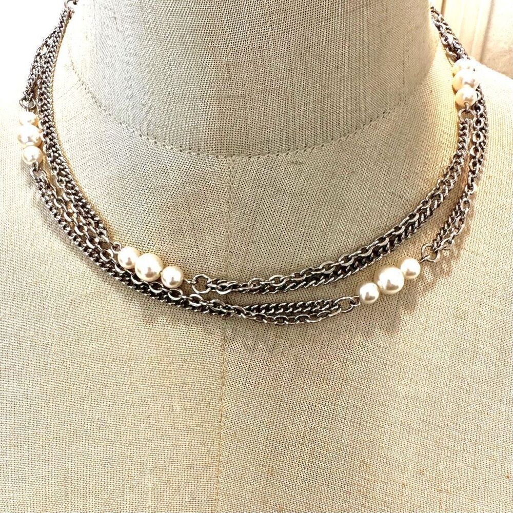Silver tone faux pearl double chain necklace
